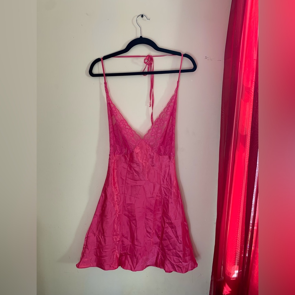 Vintage Fredericks of Hollywood Hot Pink Halter Slip Dress